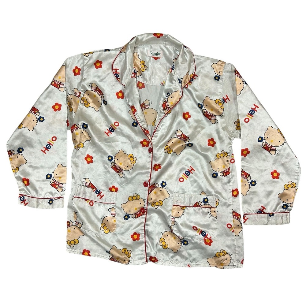 Vintage Sanrio Smiles Hello Kitty Pajama‎ Top Silky Lightweight Button Up Shirt